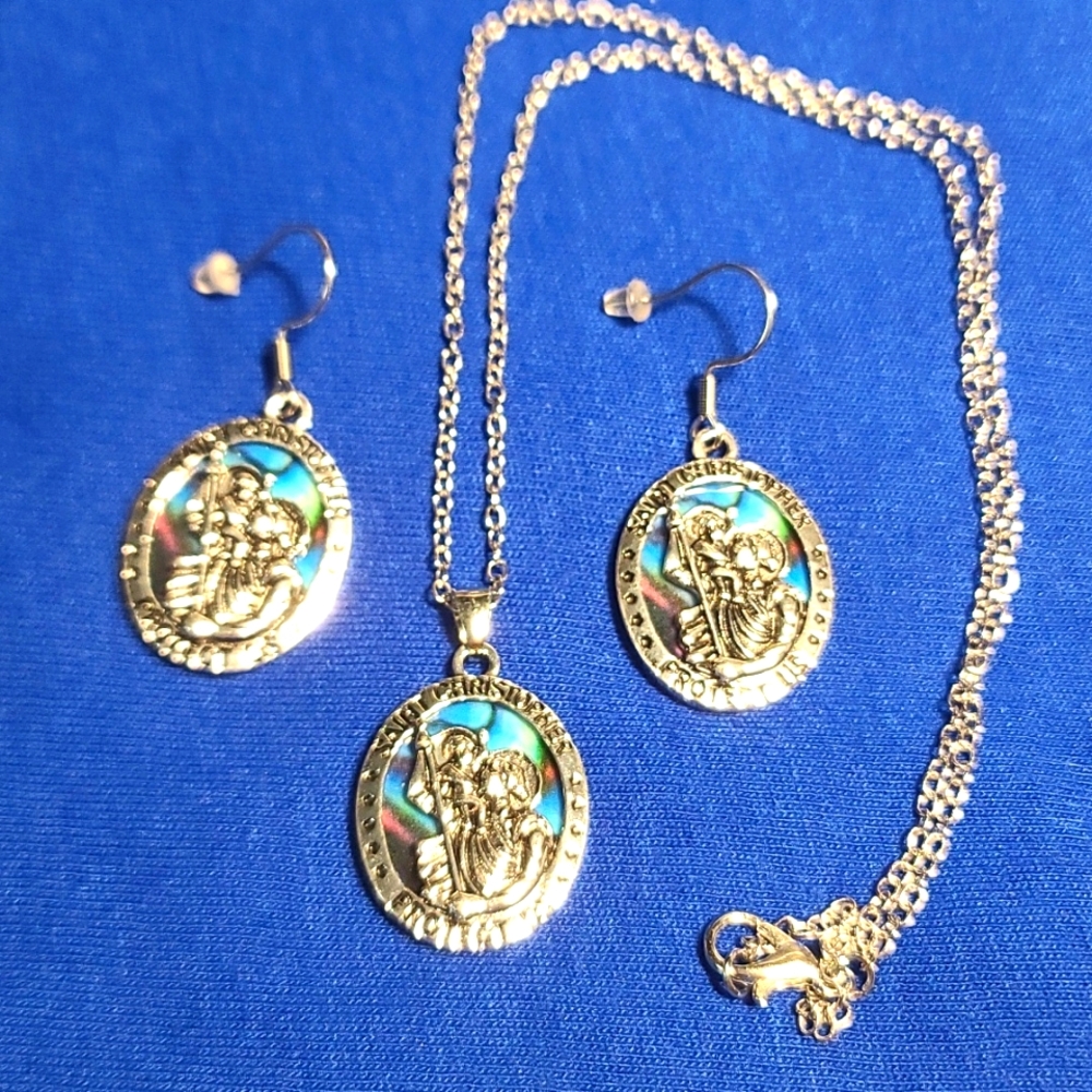 Saint Christopher Medallion Chain & Earrings Silvertone w Faux Abalone NWT